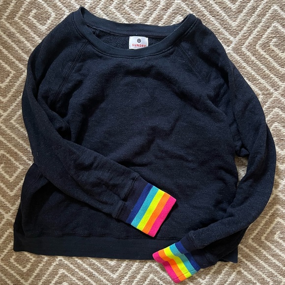 Sundry Navy Sweatshirt with Rainbow Cuffs - Picture 1 of 4